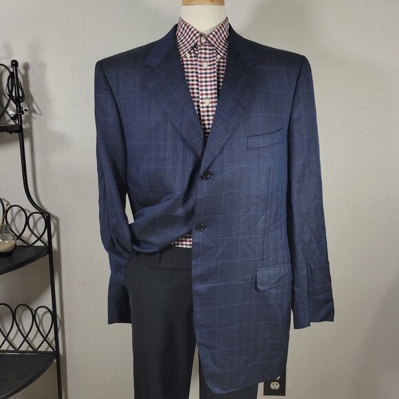 Canali Other - Canali AL13320/00 Men's Sport Coat Blazer Two Button Navy Plaid Silk Wool 52XL